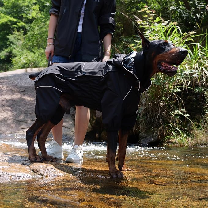 LOVELONGLONG Fleece-Lined Dog Raincoat with Removable Hood – Waterproof Winter Full Body Dog Jacket – Windproof Snowproof Cold-Weather Suit – Black-F 2XL