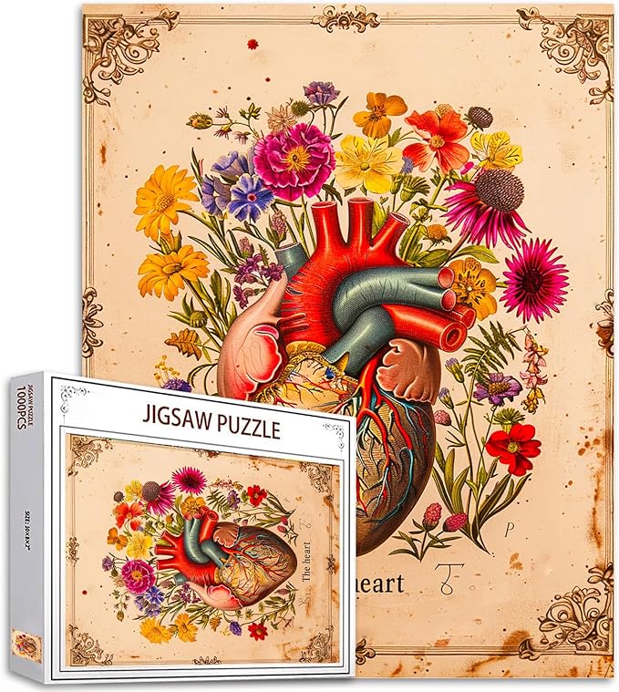 Human Organ Heart Floral Jigsaw Puzzle Vintage Heartbeat 1000 Pieces Puzzles Game Flowers Jigsaw Puzzles for Adults Challenging Family Activity Games Colorful DIY for Home Decor 20 x 27 Inch