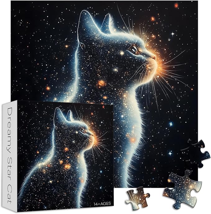 Cat Jigsaw Puzzles 1000 Pieces for Adults, Larkipuzz Starry Night Sky Puzzles, Unique Impossible Nebula Space Puzzle for Home Decor