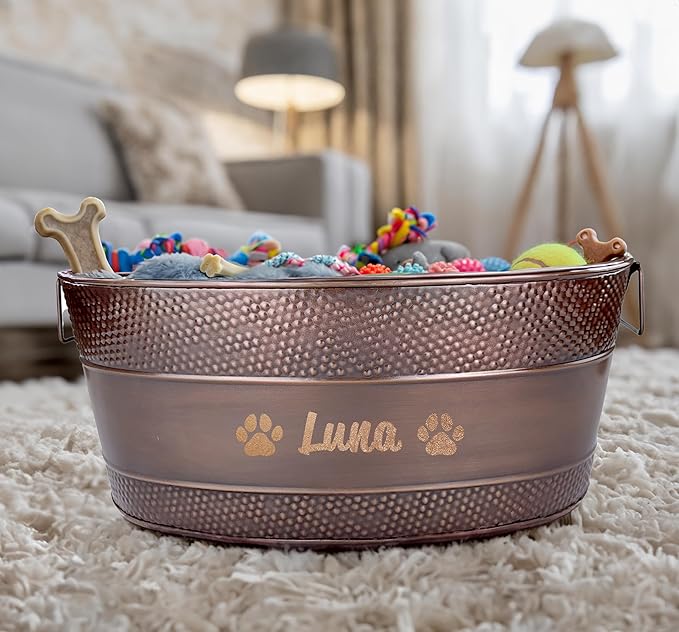 Personalized Metal Dog Toy Bin - Copper Galvanized Storage Bin with Handles, Basket for Pet Toys, Dog Toy Box, Pet Storage - Custom Dog Name Gift (Large)