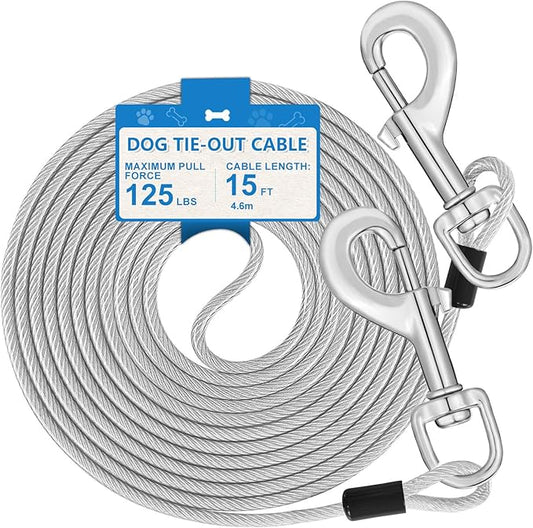 15ft Dog Tie Out Cable, Dog Leash Heavy Duty Tie Out Cable for Large Dogs Up to 125lbs Pull Force, Dogs Runner for Yard Outdoor and Camping, Heavy, Silver