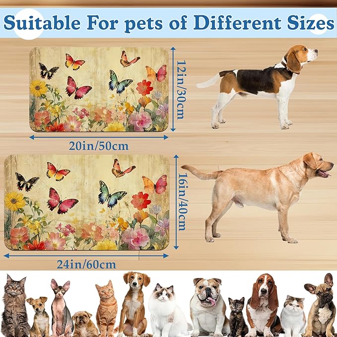 Vintage Butterfly Floral Pet Food Mat for Cats and Dogs–Absorbent Quick Dry Feeding Placemat, Non Slip Rubber Base, Waterproof Bowl Mat for Indoor Use, Pet Supplies 16"x24"