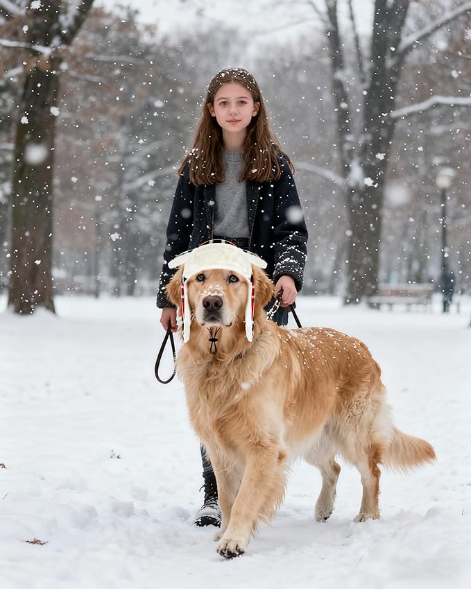 PET SHOW Dog Trapper Hat Winter Hat for Medium Large Dogs Christmas Warm Fleece Aviator Hats with Ear Flaps Adjustable Outdoor Boy Pet Pilot Costume Cap L-Red Plaid/with Ear Holes