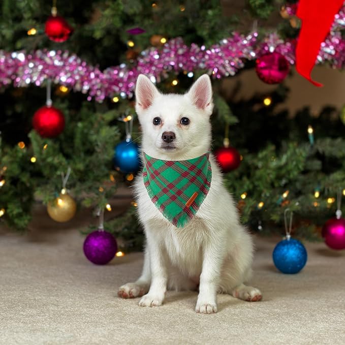 ADOGGYGO Christmas Dog Bandanas with Tassels, Red Green Plaid Pet Xmas Scarf Bib, Multiple Sizes, Christmas Bandana for Small Dogs Puppies (Small)