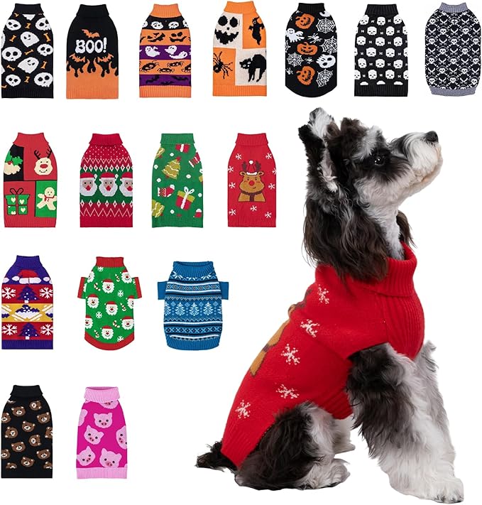 CuteBone Christmas Dog Sweater for Small Medium Dogs Reindeer Knit Red Puppy Sweater Turtleneck Pet Winter Clothes Cat Apparel with Harness Hole