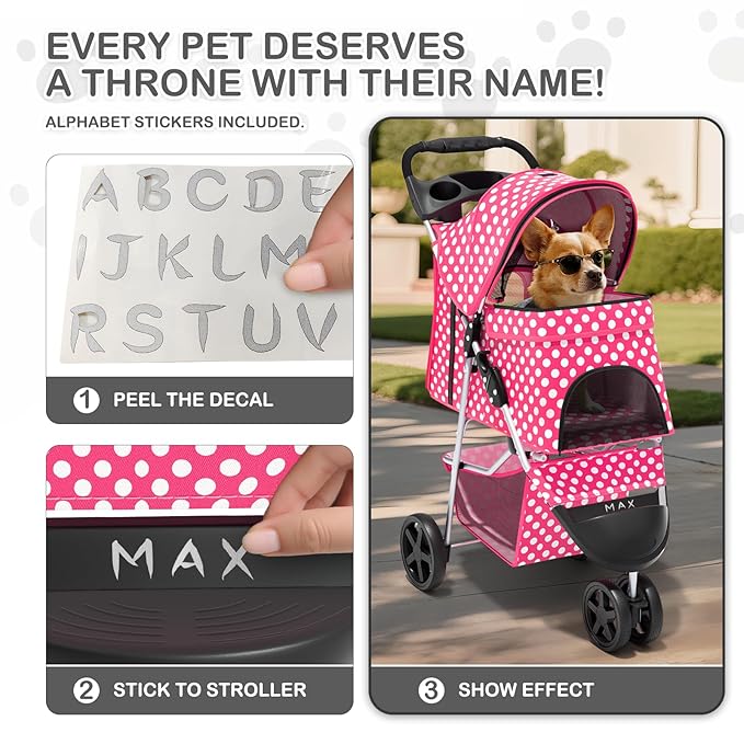 MoNiBloom 3 Wheels Pet Dog Cat Stroller for Small Medium Dogs Cats, Foldable Jogger Stroller w/Storage Basket and Cup Holder, Hot Pink Polka Dots