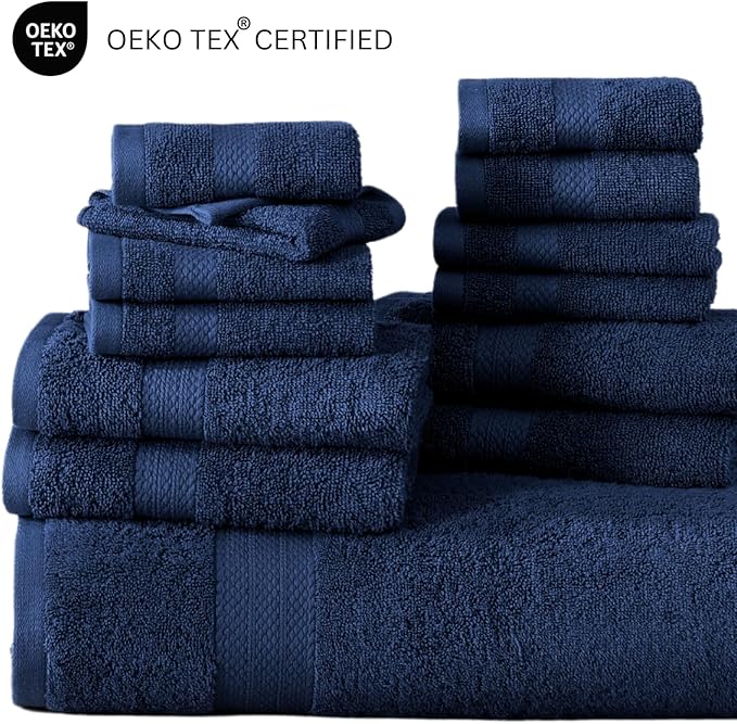 LANE LINEN 100% Cotton Luxury Towel Set for Bathroom - 16 Pieces, Ring Spun - Plush, Soft & Highly Absorbent - 4 Shower Towels, 8 Washcloths, 4 Hand Towels - Complete Bathroom Towel Set - Navy Blue