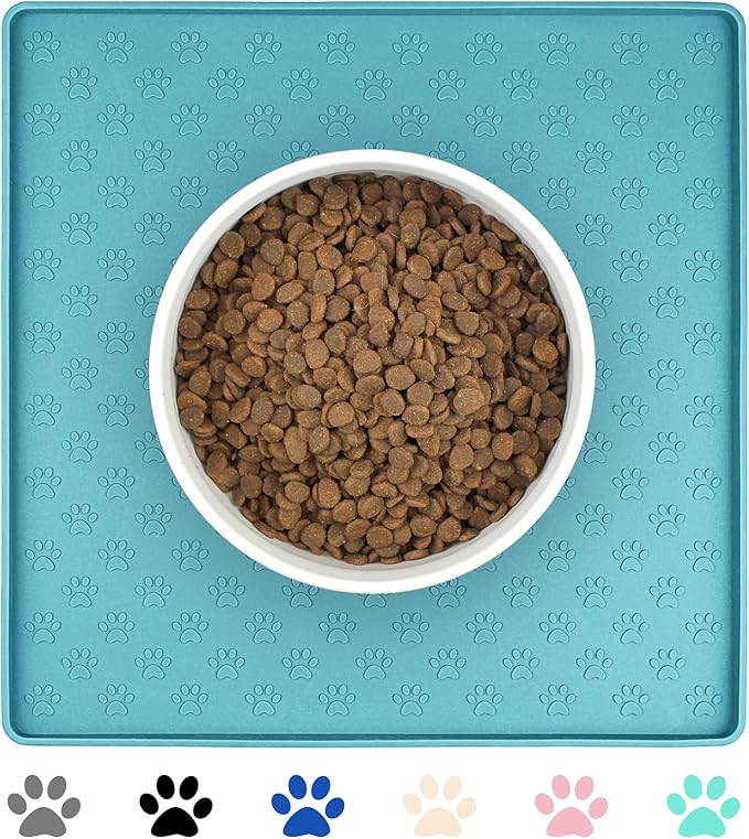 Ptlom Dog Food Mat Anti-Slip Bowl Mats for Food and Water, Waterproof Silicone Pet Placemat with High Raised Edges, Non-Slip Puppy Feeding Tray for Small, Medium Large Cats Dogs, Blue, 11.8"x11.8"