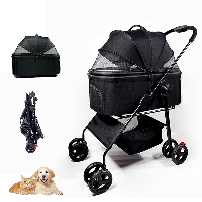 3-in-1 Pet Stroller for Small/Medium Dogs&Cats, 4 Wheels Lightweight Dog Stroller with Detachable Carrier, Storage Basket and Cup Holder, One-Click Folding Pet Travel Carrier for Car Seat & Hand Carry