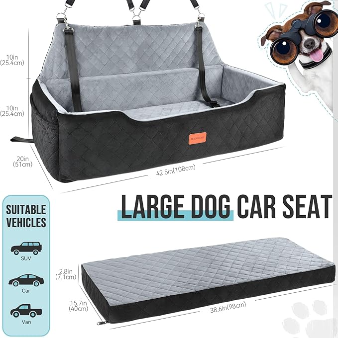 Large Dog Car Seat Under 100 lbs, Washable Dog Car Bed for 2 Medium Dogs, Detachable Pet Booster Seat with Storage Pocket and Seat Belt for Back Seat Dog Travel Bed
