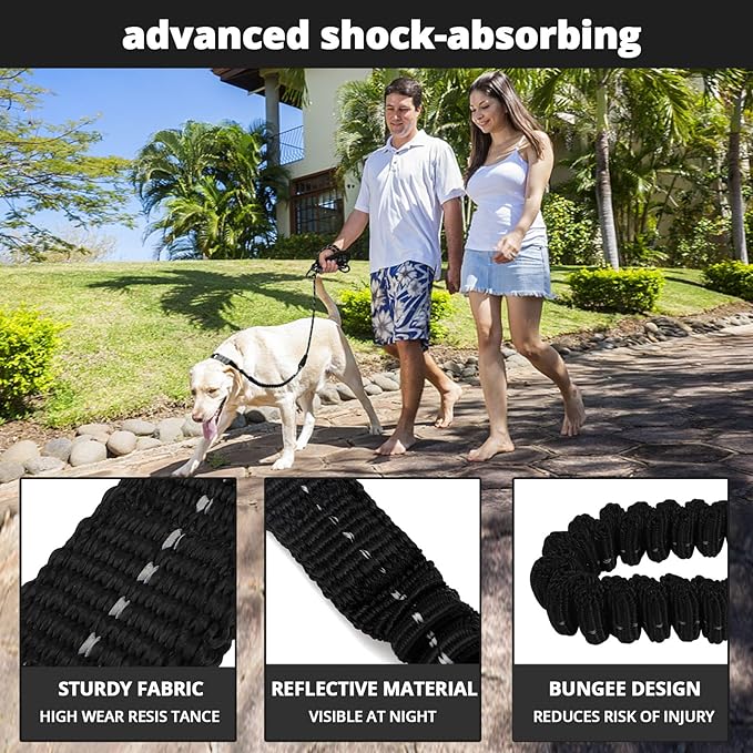 Rope Dog Leash 3 FT: Heavy Duty Leashes with Swivel Lockable Hook Reflective Threads Bungee and Padded Handle - Dog Lead for Large Small Medium Dogs Outside Walking Hiking Black