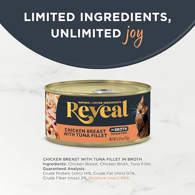 Reveal Natural Wet Canned Cat Food, Limited Ingredient, Grain Free, Protein with No Artificial Additives, Chicken Breast with Tuna in Broth (24 x 2.47 oz Cans)