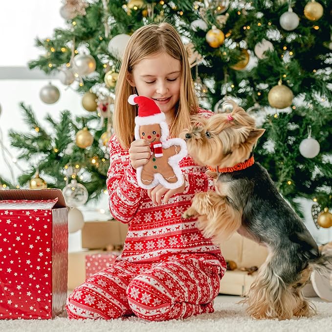13.4'' Christmas Squeaker Dog Toys Stuffed Gingerbread Man Dog Plush Chew Toys Holiday Stocking for Small, Medium, Large Dogs Breed