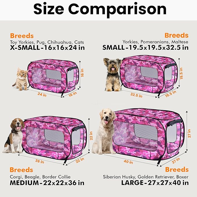 Beatrice Home Fashions Portable, Collapsible, Pop Up Kennel Travel Cat and Dog Crate, 32.5" L x 19.5" W x 19.5" H, Camo Pink