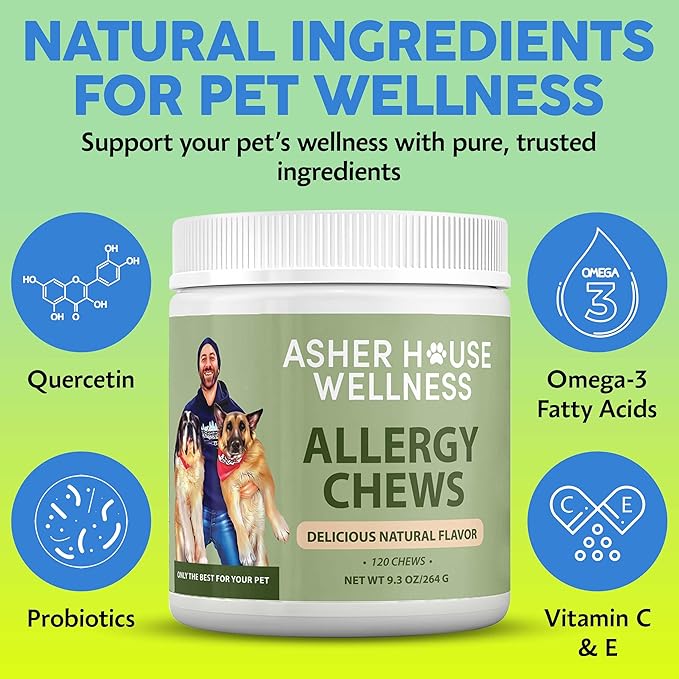Asher House Wellness Dog Allergy Chews - All-Natural Itchy Skin Relief for Dogs with Bee Pollen, Colostrum - Licking Paw Treatment, Allergy Medicine for Dogs Over 12 Weeks, 120 Chews