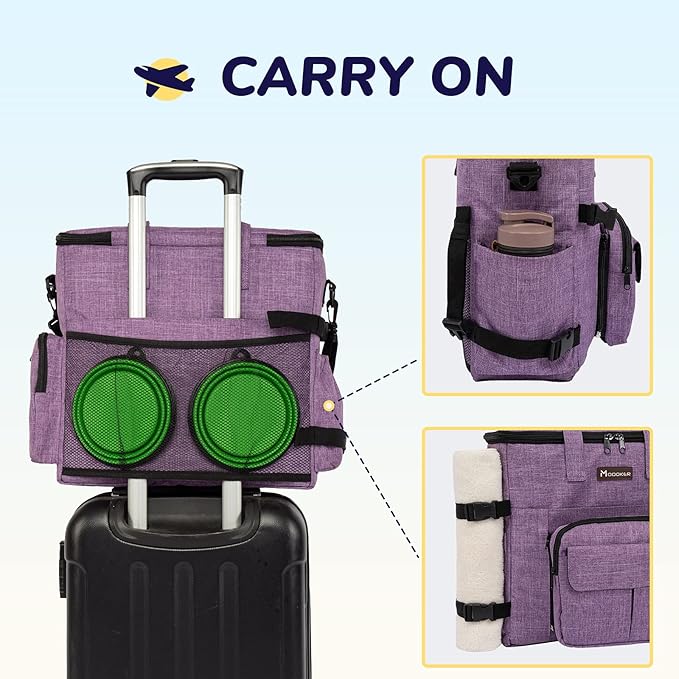 Modoker Dog Travel Organizer Carriers for Supplies & Accessories, Airline Approved Cat Pet Travel Bag, 2 Collapsible Bowls, 2 Travel Dog Food Container, Purple