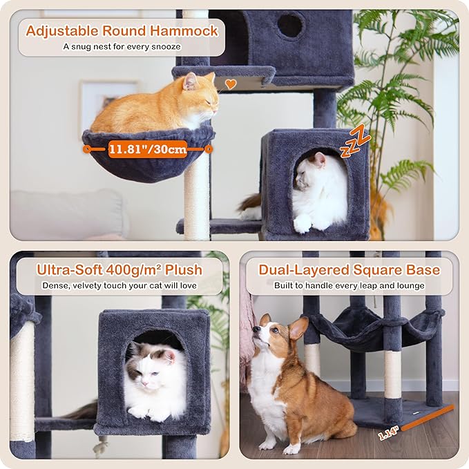 Ouritsu Cat Tree, 73.6 inch Tall Cat Climbing Tower for Large Cat Indoor with 2 Large Condos, 2 Widened Perches, Sisal Covered Scratching Posts, 2 Hammocks, Dark Gray, XLF001DG