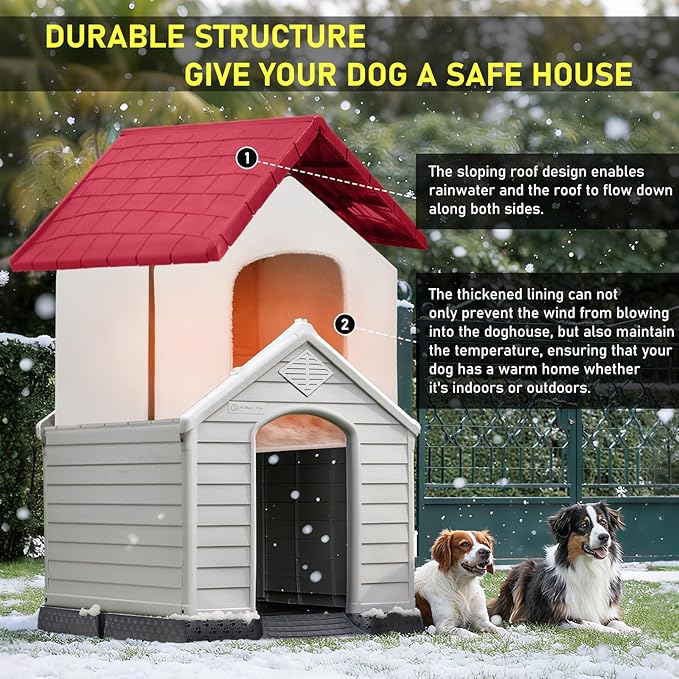 LEMBERI Durable Waterproof Plastic Dog House for Small to Large Sized Dogs, Indoor Outdoor Doghouse Insulated Puppy Shelter with Elevated Floor, Easy to Assemble (Red with Liner, 42''L*38''W*39''H)