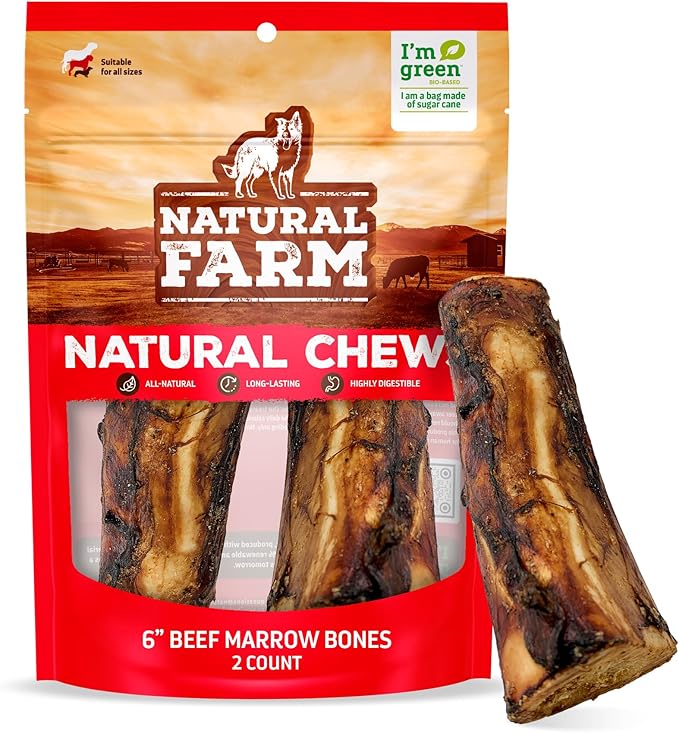 Natural Farm Dog Bones for Large Dogs (5-6 Inch, 2-Pack), 100% Beef Bone Marrow Dog Treats, High in Minerals & Vitamins, Grain-Free, Long-Lasting Bones Chews, Supports Dental Health