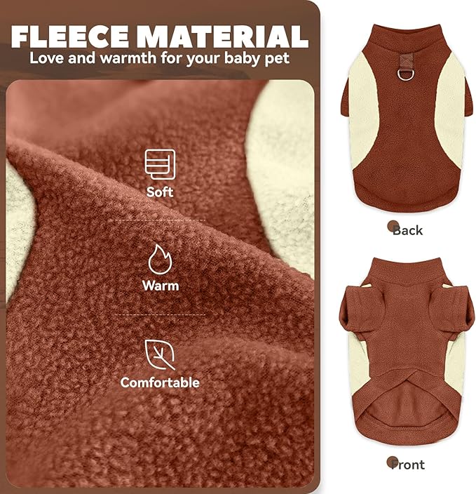 Small Dog Sweater with Leash Ring Soft Warm Fleece Fall Winter Dog Clothes Cute Cat Apparel Puppy Sweaters Classic Pullover Doggy Sweatshirts Chihuahua Costumes Cat Outfits(Brown,L)