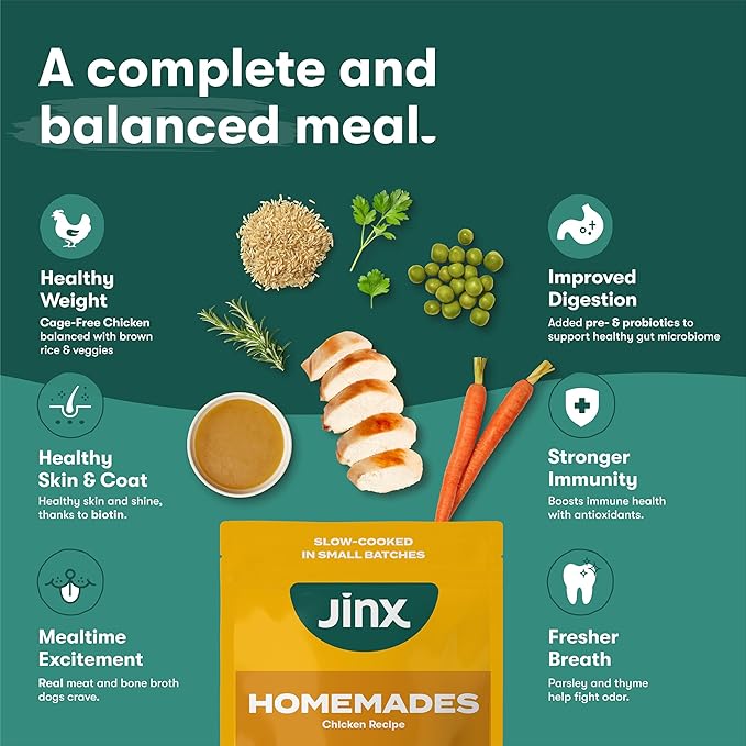 Jinx Chicken Dog Wet Food, Meal or Mix in Dog Toppers for Dry Food, Made with Real Chicken, Bone Broth & Brown Rice, No Fillers, Puppy, Adult, Senior, 9oz, 6 Pack