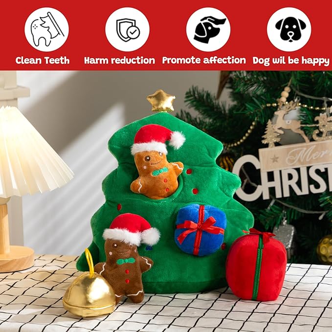 Hollypet Squeaky Dog Toy, Interactive Plush Hide and Seek Dog Toys for Small Medium Sized Dogs and Non-Aggressive Chewers, Puppy Teeth Clean Chew Toys, Christmas Tree