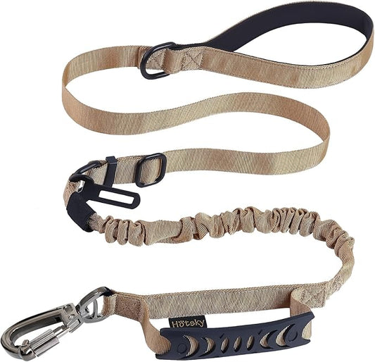 Hotsky Tactical Dog Leash Heavy Duty for Medium Large Dogs That Pull,4-6Ft Strong Bungee Shock Absorbing No Pull Dog Leash with Padded Double Handle and Car Seatbelt,Khaki