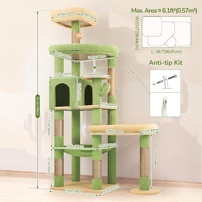 Globlazer Extra Large Platform Cactus Cat Tree, 65in Sturdy Cat Tree for Multiple Indoor Cats Large Adult, Big Cat Tower with 3 Padded Perches, 6 Scratching Posts, Spacious Condo, Hammock, S65, Green