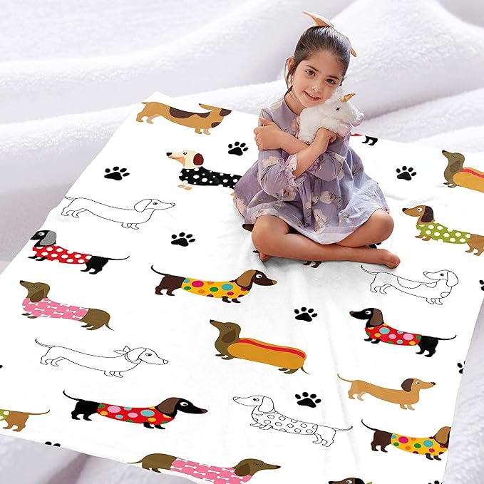 Personalized Dachshund Dog Blanket - Soft Flannel Throw With Cute Paw Prints for Bed, Sofa, Travel - Extra Large 120"x90" - Gift for Dog Lovers, Mom, Dad