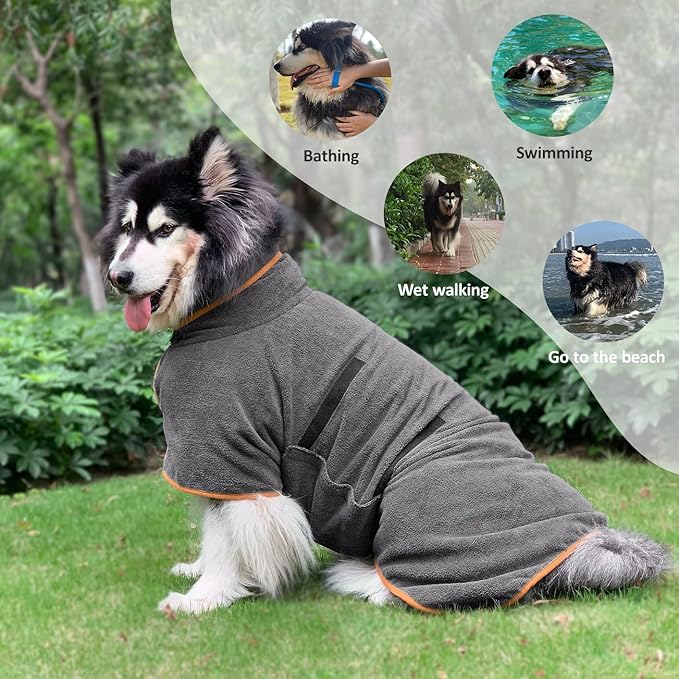 Dog Drying Coat Bathrobe Towel, Microfibre Material Fast Drying Super Absorbent Dog Bath Robe, Pet Quick Drying Moisture Absorbing with Adjustable Collar and Waist