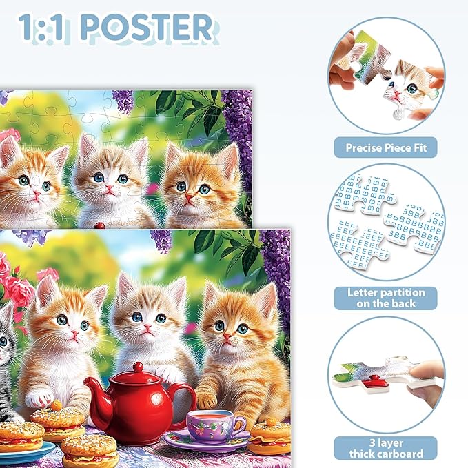 100 Piece Puzzles for Kids Ages 4-6, Kittens' Tea Time Jigsaw Puzzle, Educational Fun for Kids Ages 6-8 & 8-10, Large Piece Puzzles for Seniors & Adults, Creative Puzzle for Family Activities