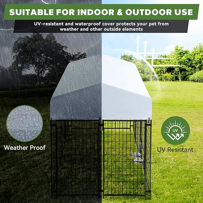 Oranland 4x4x6FT Outdoor Dog Kennel, Heavy Duty Welded Wire Steel Dog kennels with Secure Lock for Outside, Dog Pen with Waterproof Roof Cover and 2 Rotating Dog Bowls