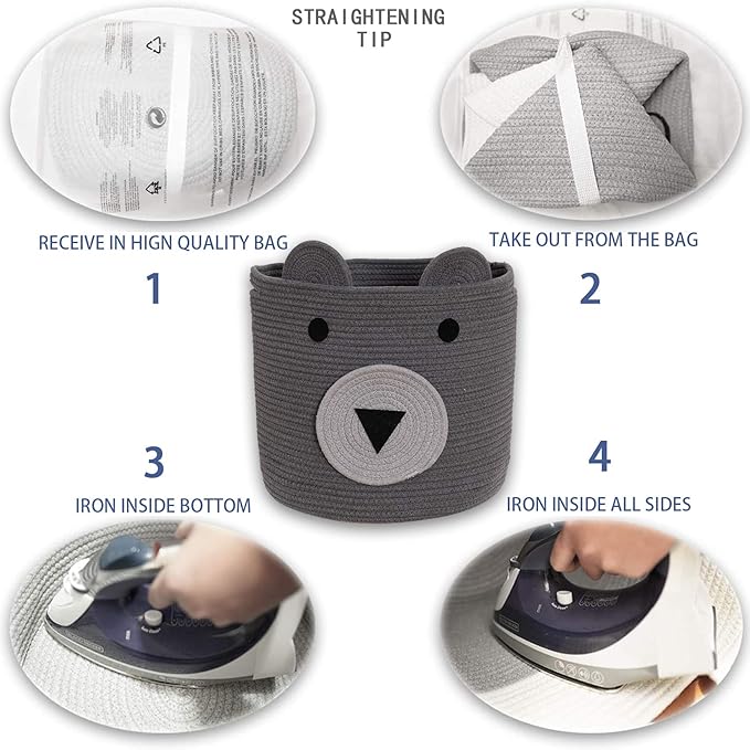 VK VK·LIVING Cotton Rope Bear Animal Basket Foldable Large Woven Storage Basket Baby Nursery Cute Laundry Hamper for Toys, Blanket, Clothes in Bedroom Living Room Toy Box for Baby 14x14 Grey