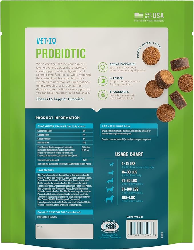 VetIQ Probiotic Supplement for Dogs, Dog Probiotics for Digestive Health, Nourishes Gut Bacteria and Supports Bowel Function, Hickory Smoke Flavor, Made in The USA, 180 Count
