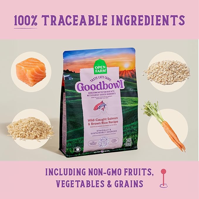 Open Farm Goodbowl, Protein Rich Dry Cat Food Made from Meticulously Sourced Simple Ingredients, Wild-Caught Salmon & Brown Rice Recipe, 7lb Bag (112oz Bag)