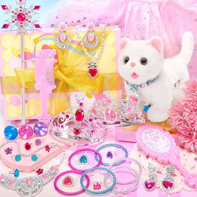 Tagitary Plush Toys Walking Cat Repeats What You Say,Stuffed Interactive Cat Talking Singing Toys with Princess Dress Up Accessories Jewelry Toys,Christmas Birthday Gift Party Favors for Kids