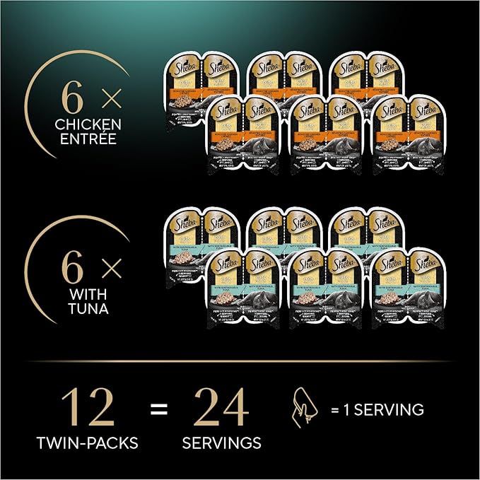 Sheba Perfect Portions Wet Cat Food Cuts in Gravy, with Sustainable Tuna, Roasted Chicken Entree, 2.6 oz. Twin-Pack Trays (6 Count, 12 Servings)