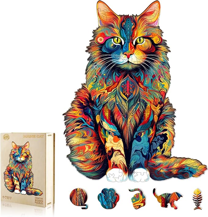 WOODBESTS Wooden Puzzles for Adults - Maine Coon, Cat Wooden Jigsaw Puzzle, Unique Animal Wood Puzzles Adult, Xmas Gifts for Puzzle Lovers(300 Pcs, L, 16.5"x13.2")