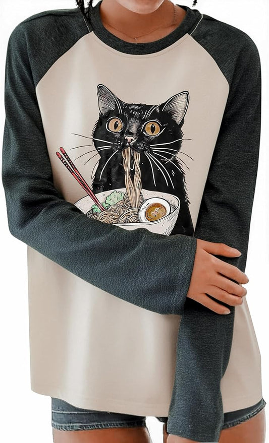 JINTING Cat Shirts for Women - Loose Fit Lightweight Long Sleeve Graphic Tee Fall Printed Crewneck Blouse Casual Tops