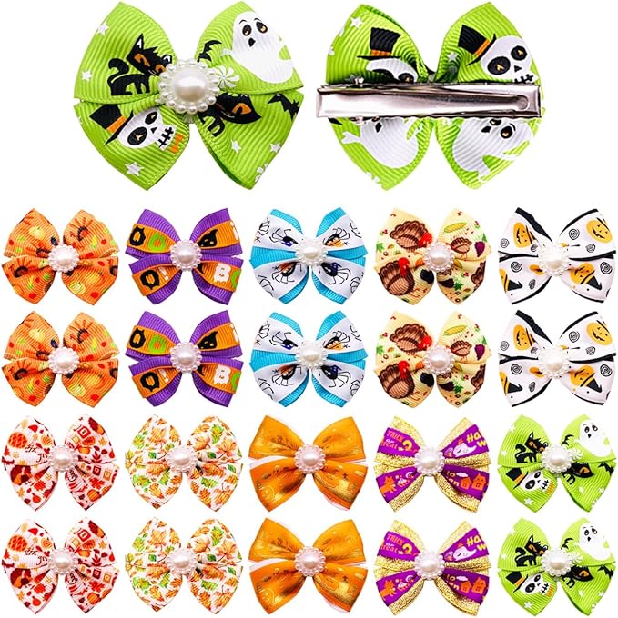 PET SHOW 20pcs Dog Hair Bows with Alligator Clips for Small Medium Dogs Bowknot Hair Clips Cat Puppy Yorkshire Grooming Hair Accessories Assorted (Halloween Thanksgiving Day)