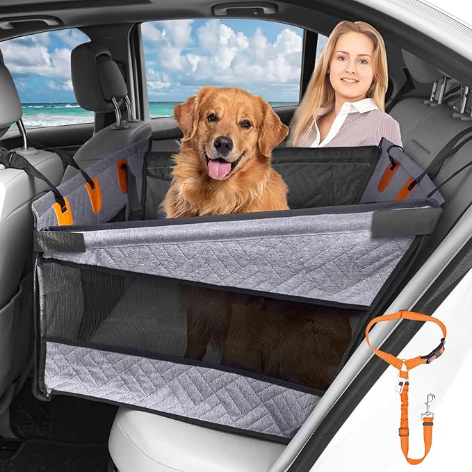 Dog Car Seat for Large Medium Dogs, Hard Bottom Back Seat Extender for Dogs with Soft Removable Blanket, Non-Slip Dog Car Hammock Turn into Soft Pet Travel Bed,Pet Seat for Car SUV Truck(Grey)