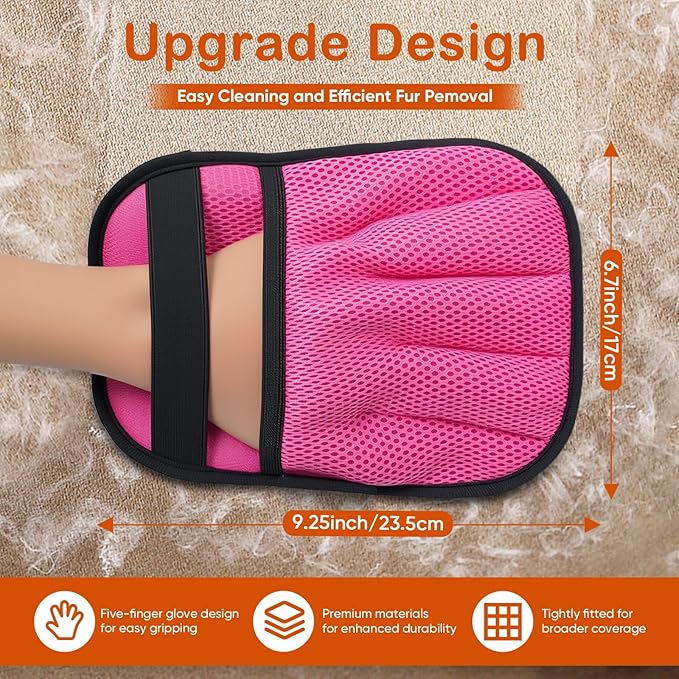 Pet Hair Removal Gloves 2-Pack - Upgraded Five-Finger Electrostatic Cats & Dogs Hair Brush Shedding | Reusable Pet Hair Remover Tool for Laundry, Furniture, Car Seat (Pink)
