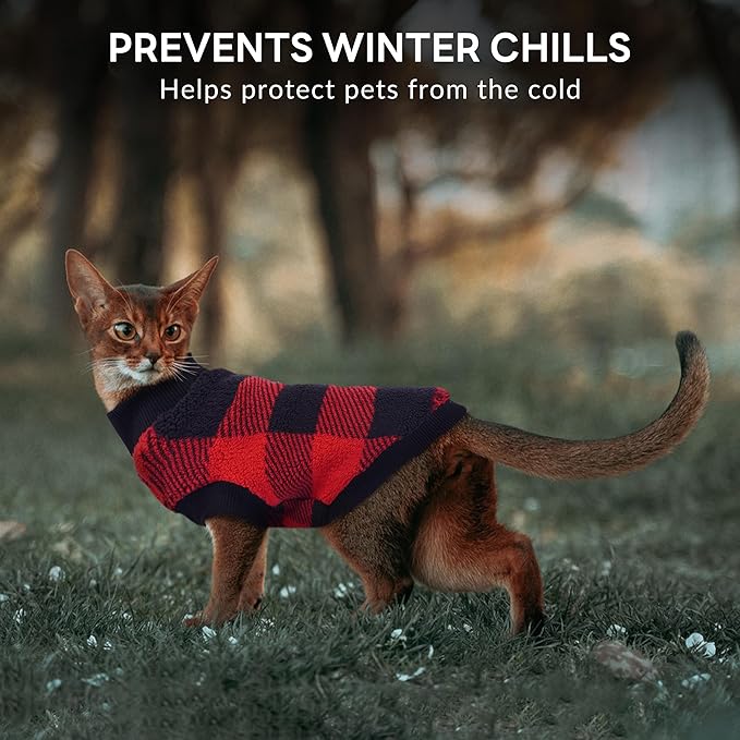 PUMYPOREITY Cozy Fleece Cat Sweater - Stretchy & Warm Knitted Cat Shirt, Super Soft Kitten Sweater, Machine Washable Pet Clothing for Comfort & Style, Red, XS