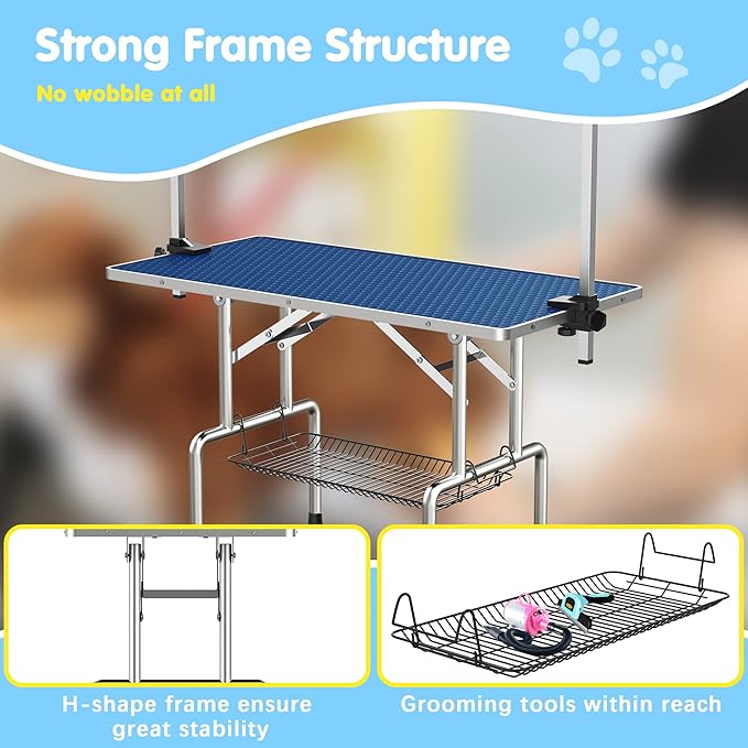 Lyromix 36''Large Dog Grooming Table, Adjustable Cat Drying Desktop with Arms, Nooses, Mesh Tray, Foldable Pet Station at Home, Maximum Capacity Up to 330Lb, 36inch, Blue