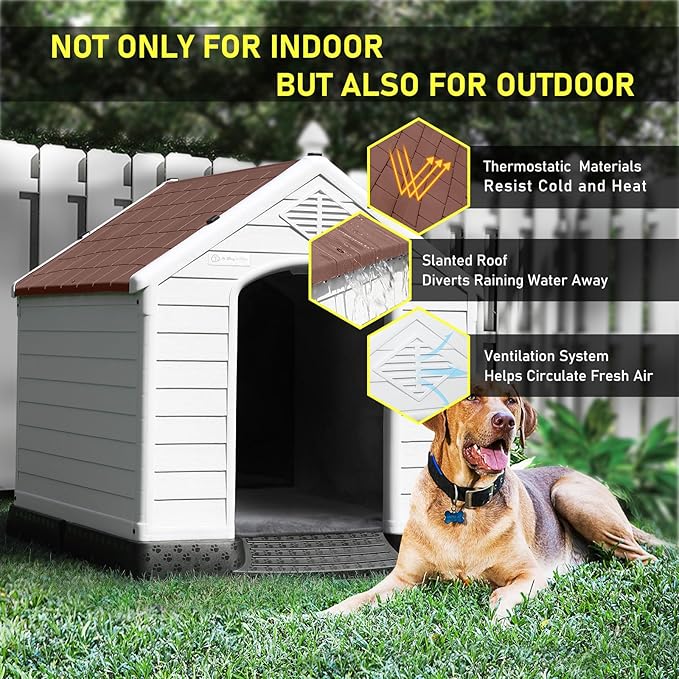 LEMBERI Durable Waterproof Plastic Dog House for Small to Large Sized Dogs, Indoor Outdoor Doghouse Insulated Puppy Shelter with Elevated Floor, Easy to Assemble (Brown with Liner, 42''L*38''W*39''H)