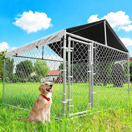 6.8x6.8ft Large Dog Kennel Outdoor, Heavy-Duty Outside Dog Kennel with Roof, Security Latch-Lock Door, Chain-Link Dog Enclosure Dog Run for Yard with Cover
