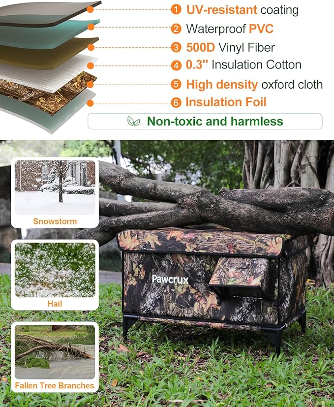 Weatherproof Heated Cat House for Outdoor in Winter, Heated Cat Bed Kitty Shelter with Cat Heating Pad, Insulated & Safe Escape Door, Warm House for Outside Stray Cat(Leaf Color, 16"x28"x19")