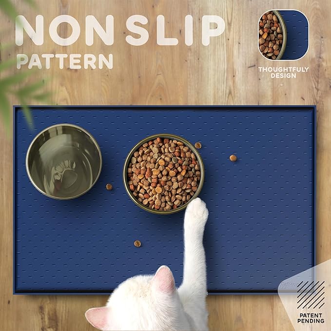 Dog Food Mat - 24x15 Raised Edges Dogs Mat for Food and Water Prevent Spill, Waterproof Cat Food Mats Protect Floors, Easy Clean Dog Bowl Mats for Food and Water, Silicone Pet Feeding Placemats Navy