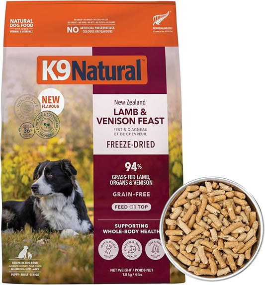 K9 Natural Lamb and Venison Freeze Dried Dog Food, High-Meat and Natural Complete Meal or Meal Toppers for Dogs, Grass-Fed Lamb and Venison from New Zealand, Grain-Free, GMO-Free, 4lb