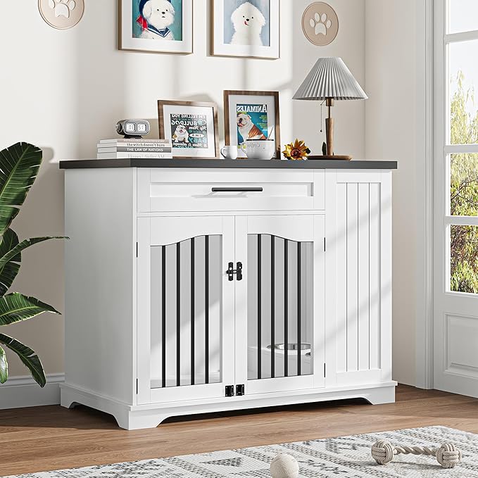 Furniture Style Dog Crate for Large Dogs, 44 Inch Heavy Duty Wooden Dog Kennel Furniture with Drawer & Side Storage and Bulit-in Feeding Station,White Set of 2